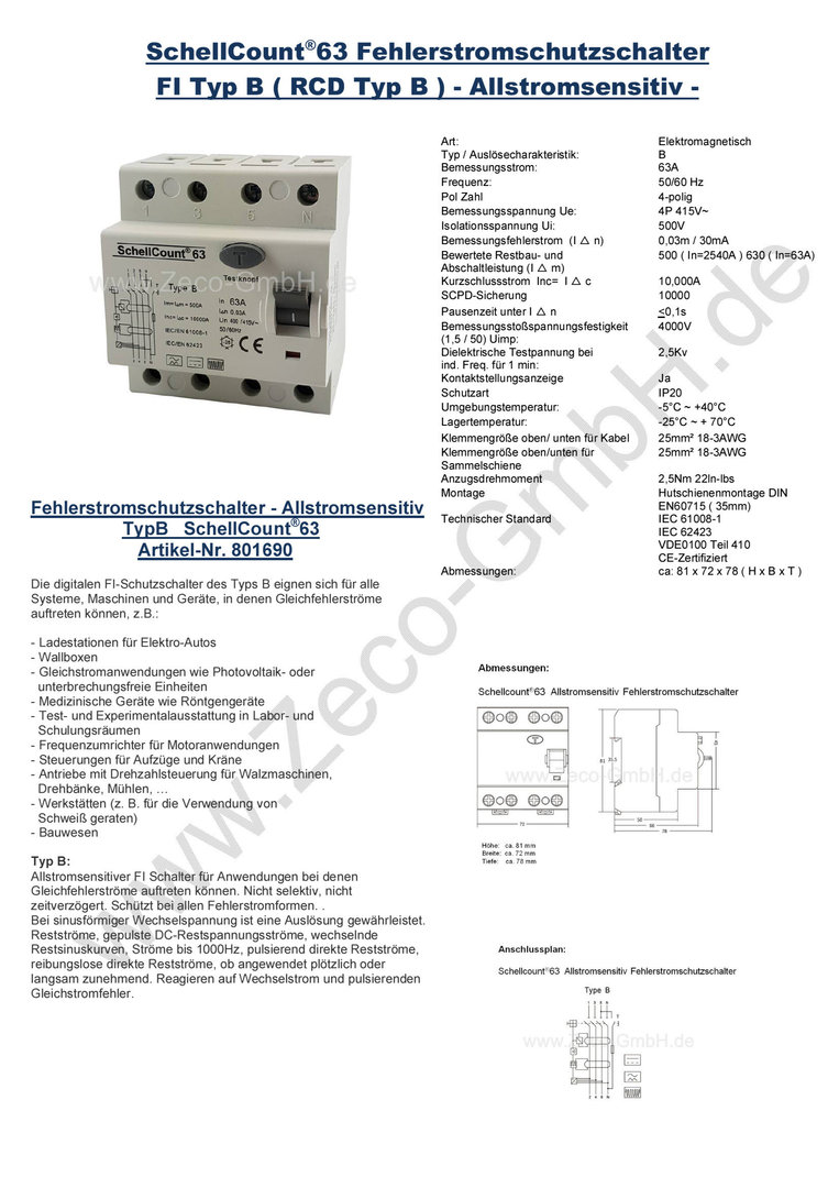 FI Fehlerstromschutzschalter RCD Typ B 63A 30mA Wallbox E-Auto Allstromsensitiv